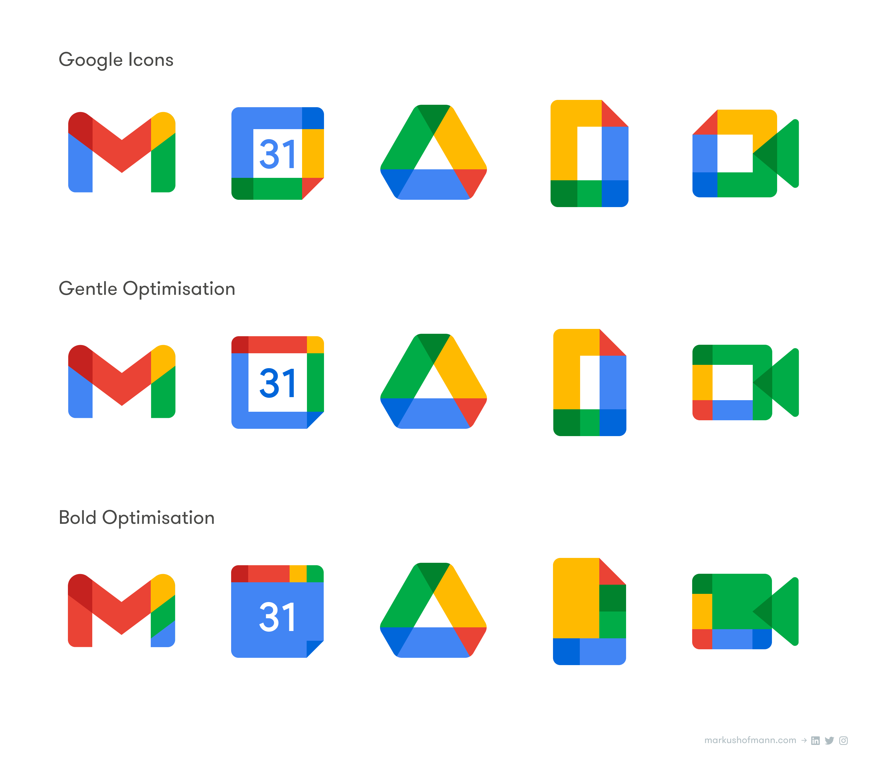 Comparison of Google’s new Workplace icons and my gently optimised as well as bold, more distinct versions