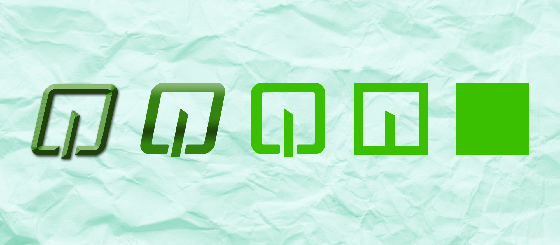 Logo transforming into a green square on top of a cyan paper background